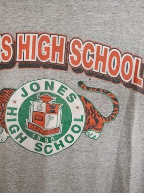 Jones High School Gray Tee with Orange & Green Mascot Tiger Crest Large